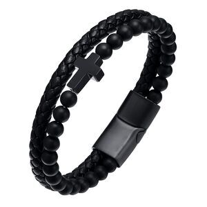 Black Onxy Beaded Cross Bracelet, Mens White Gold Plated Christian Created